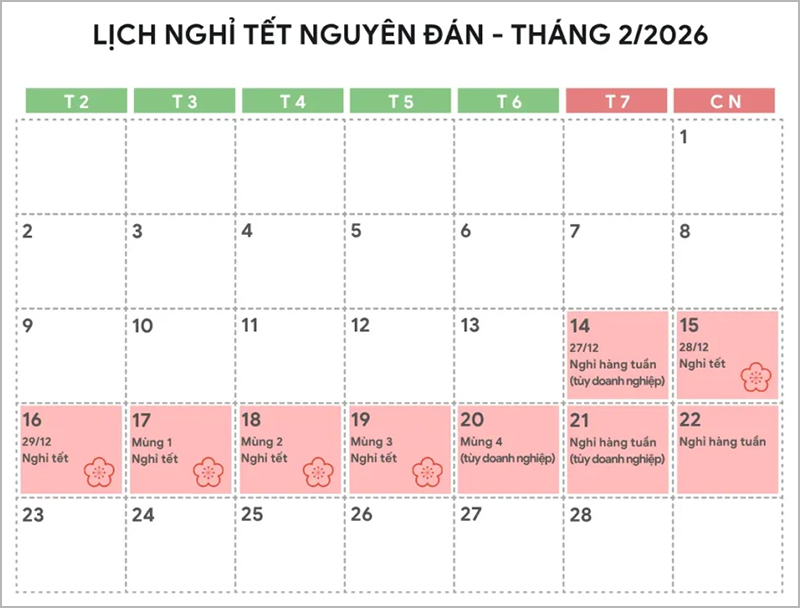 Lịch nghỉ Tết âm lịch 2026
