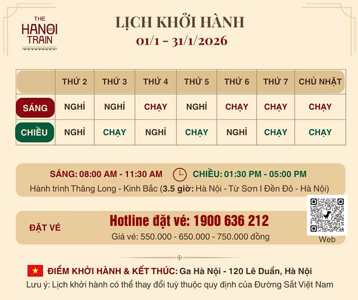 Lịch khởi hành tàu Hà Nội 5 Cửa Ô tháng 1