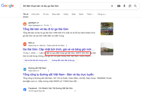 Số điện thoại bán vé tàu ga Sài Gòn