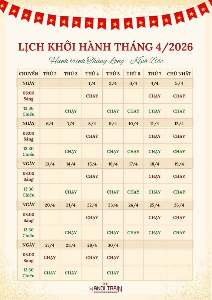 Lịch chạy tàu Hà Nội 5 cửa Ô lễ 30/4 - 1/5